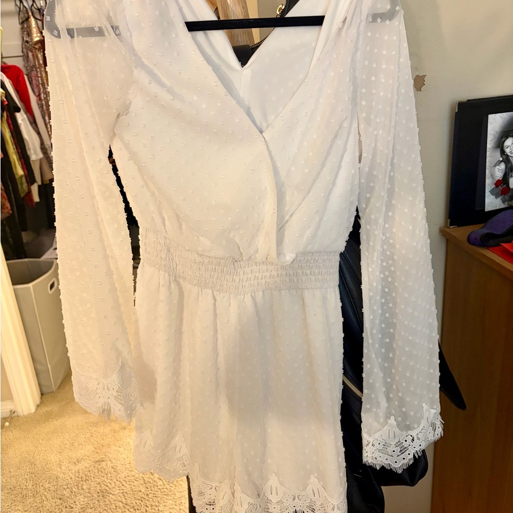 White Swiss Dot Lace Trim Long Sleeve Romper